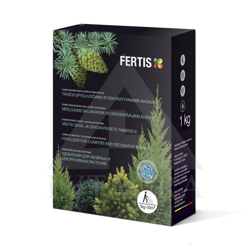 FERTIS kompleksais mēslojums skujkokiem un dekoratīvajiem augiem, bez hlora un nitrātiem, 1 kg