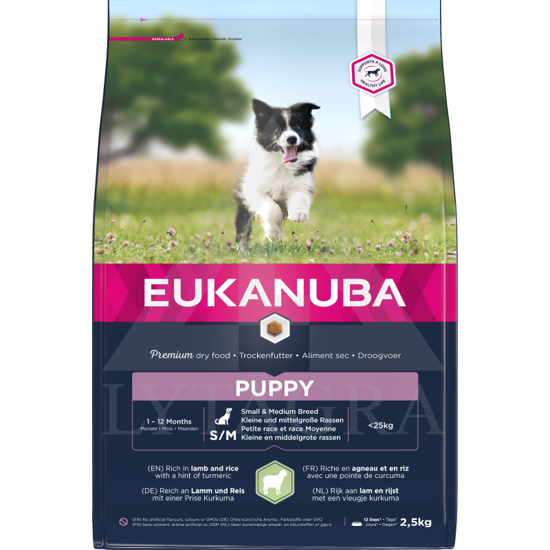 EUKANUBA mazo un vidējo šķirņu kucēnu barība ar jēru un rīsiem 2,5 kg