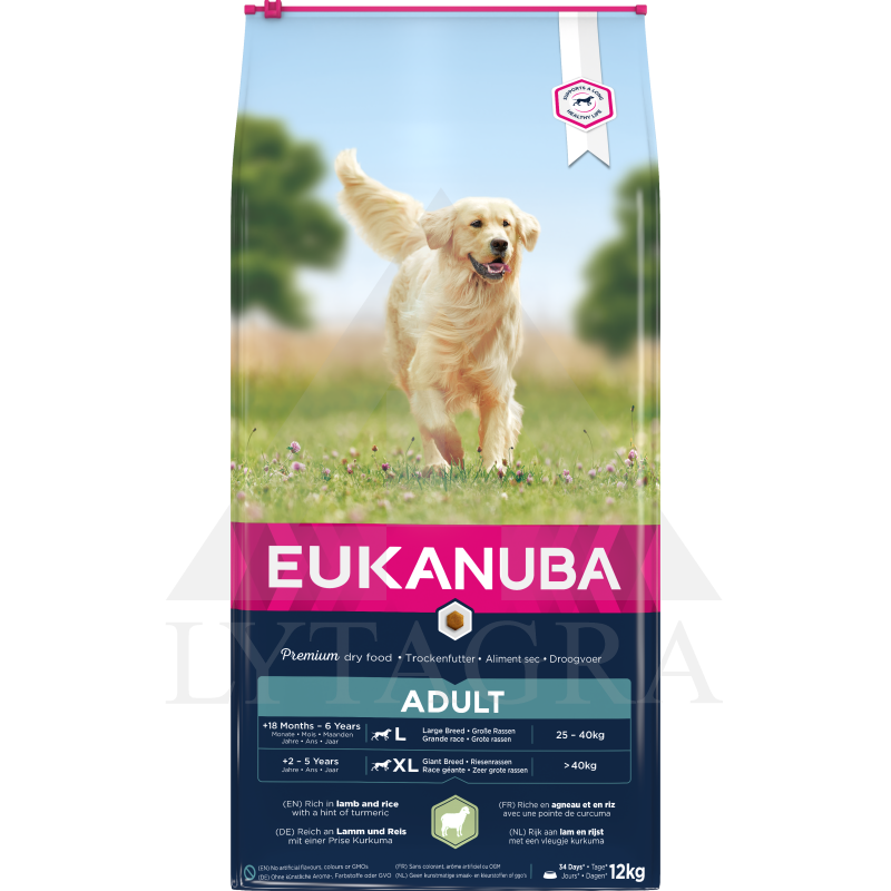 EUKANUBA barība pieaugušiem suņiem ar jēru un rīsiem lielo šķirņu suņiem, 12 kg
