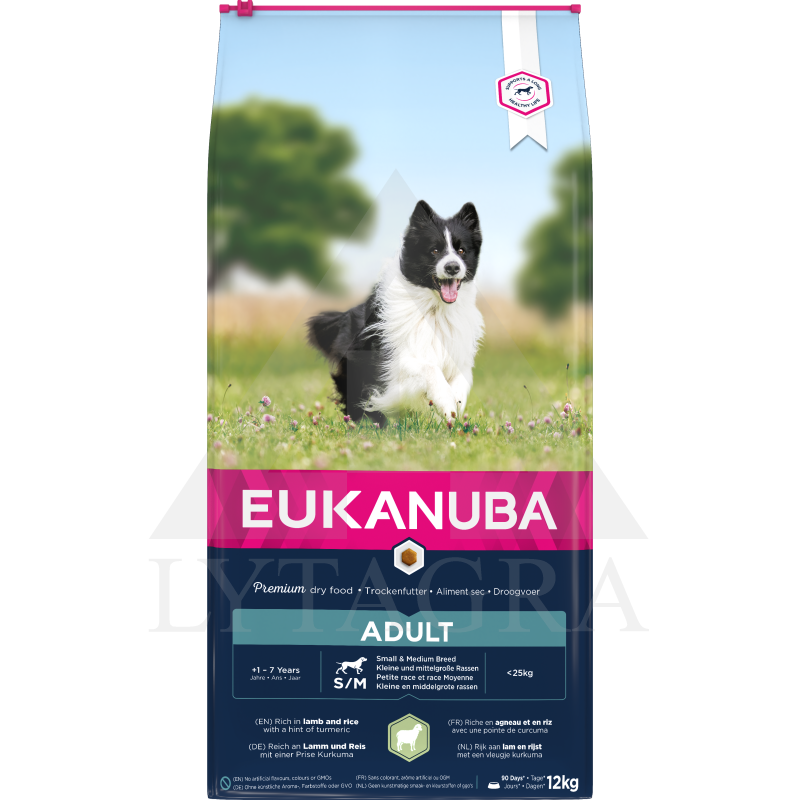 EUKANUBA pieaugušu suņu barība mazām un vidējām šķirnēm ar jēru un rīsiem 12 kg