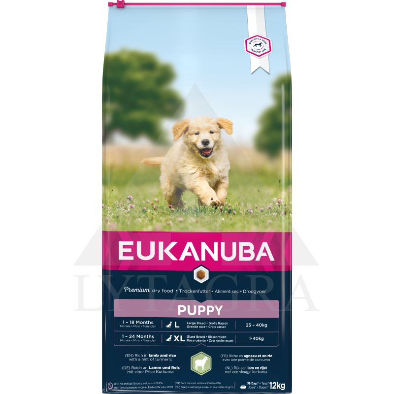 EUKANUBA lielo šķirņu kucēnu barība ar jēru un rīsiem 12 kg