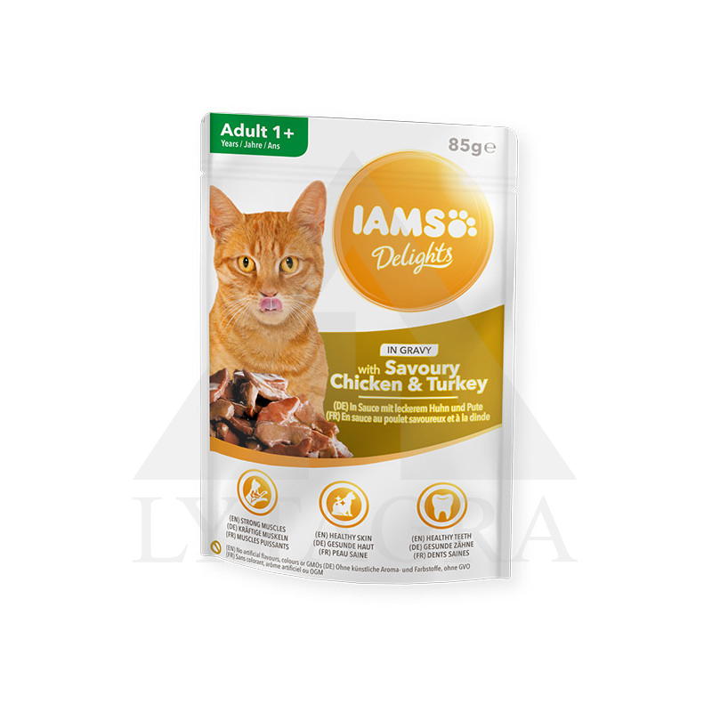 Konservēta kaķu barība mērcē IAMS ar vistu un tītaru 85 g 81602924