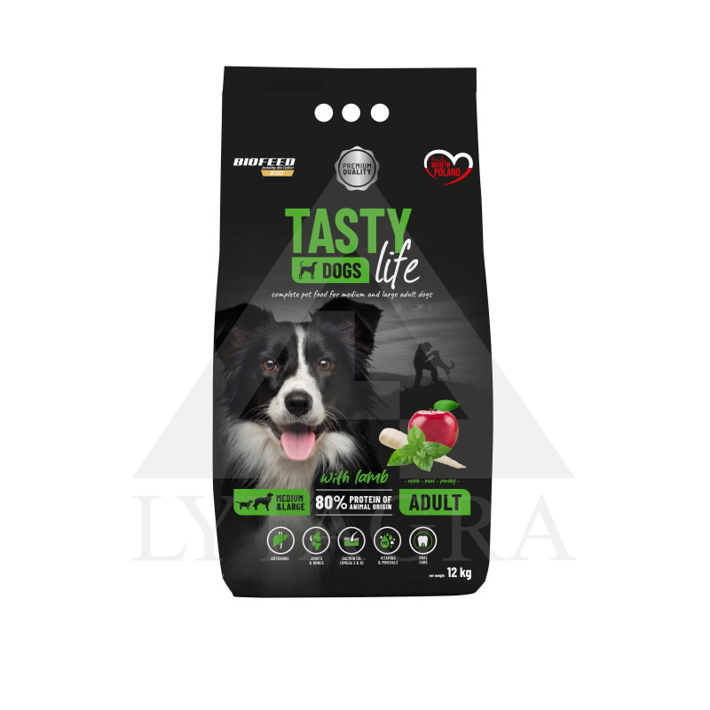 Barība pieaugušiem vidēja un liela izmēra šķirņu suņiem TASTY DOGS ar jēra gaļu 12 kg