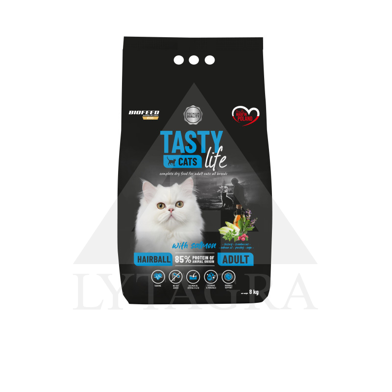 Kaķu barība HAIRBALL TASTY CATS ar lasi 8 kg