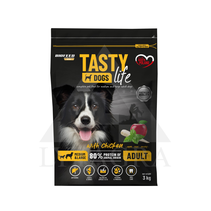 Barība pieaugušiem vidēja un liela izmēra šķirņu suņiem TASTY DOGS ar vistu 3 kg