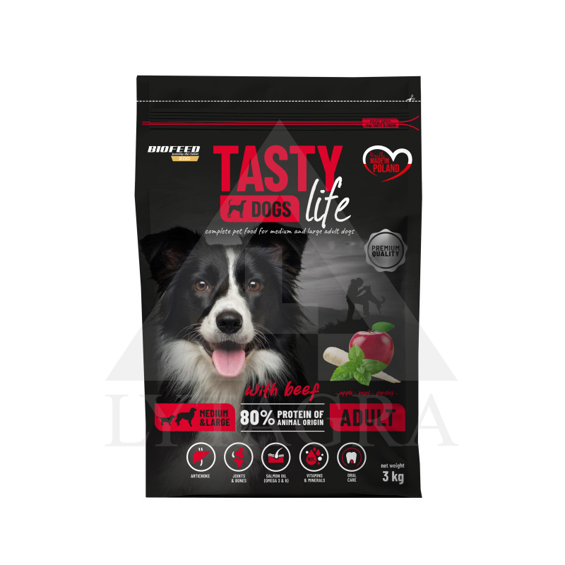 Barība pieaugušiem vidēja un liela izmēra šķirņu suņiem TASTY DOGS ar liellopu gaļu 3 kg