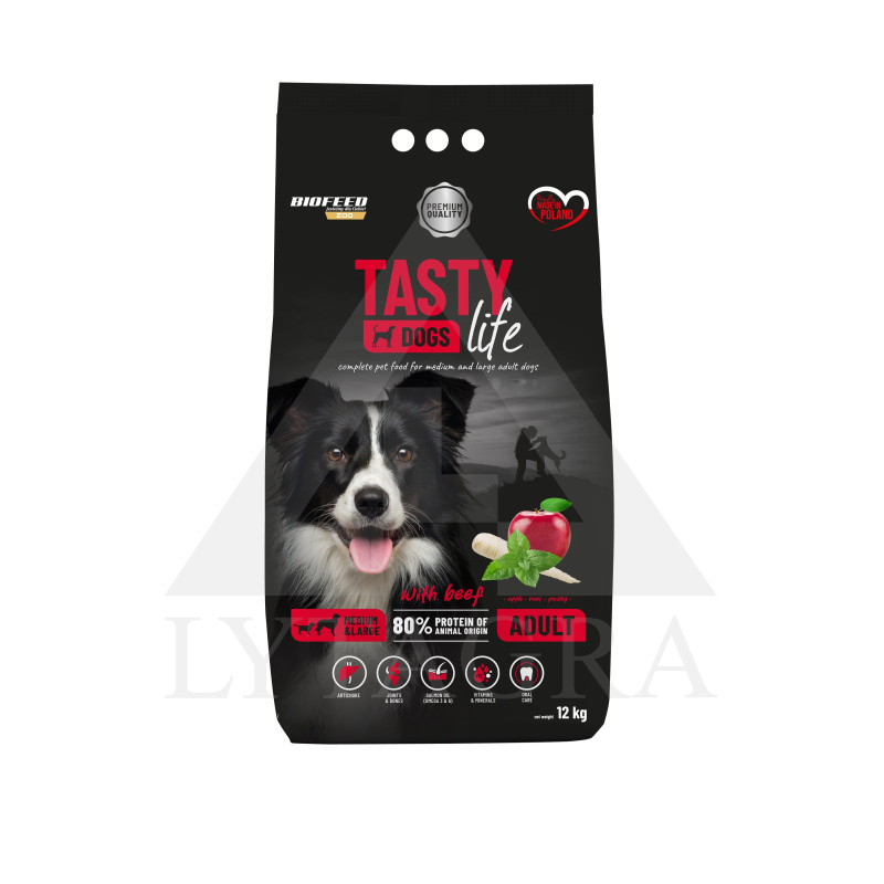 Barība pieaugušiem vidēja un liela izmēra šķirņu suņiem TASTY DOGS ar liellopu gaļu 12 kg