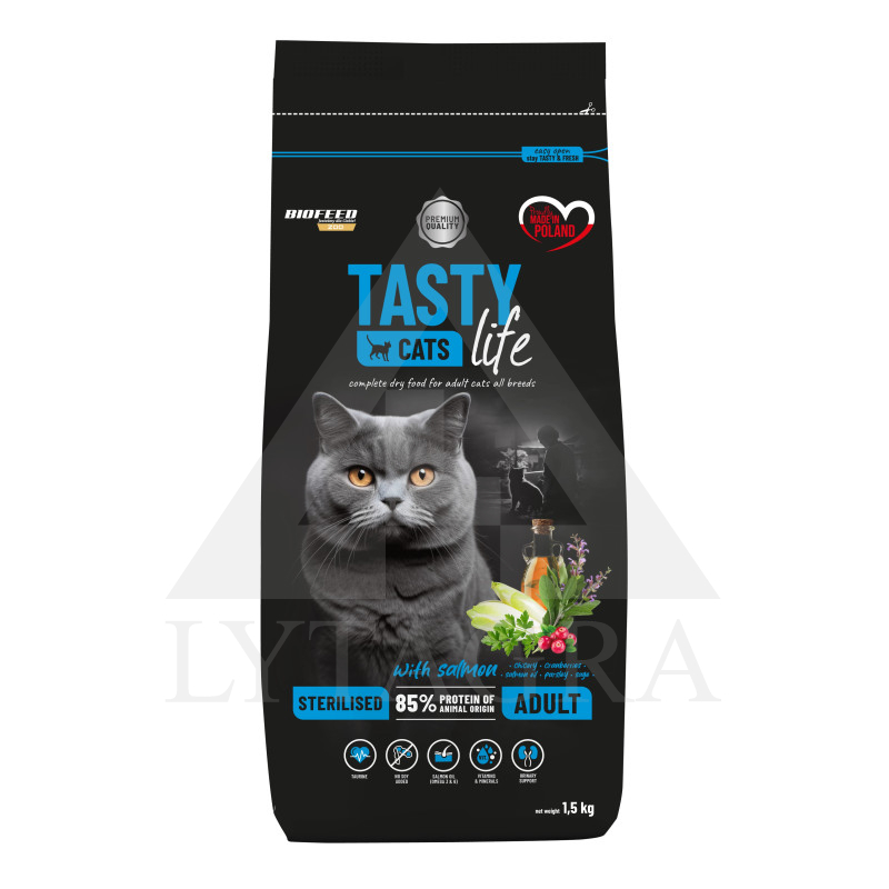 Barība sterilizētiem kaķiem TASTY CATS ar lasi 1,5 kg
