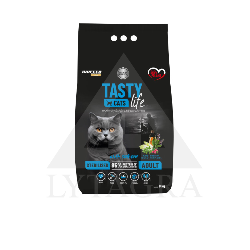Barība sterilizētiem kaķiem TASTY CATS ar lasi 8 kg